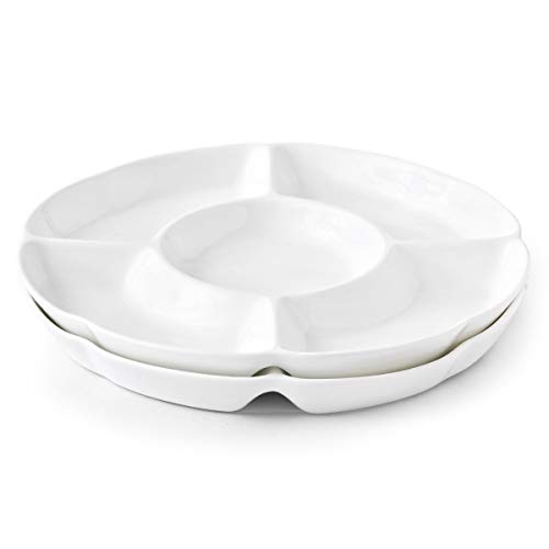 Chip & Dip Serving Set Porcelain Divided Serving Platter/Tray Perfect for Snack 12 inch White Dish Set of 2