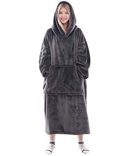 Waitu Wearable Blanket Sweatshirt for Women and Men, Super Warm and Cozy Big Blanket Hoodie, Thick Flannel Blanket with Sleeves and Giant Pocket - Dark Gray