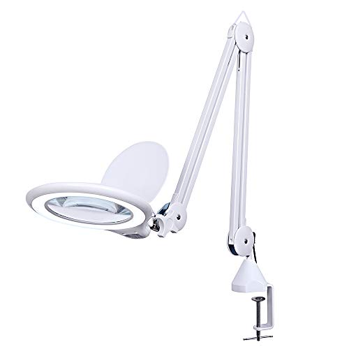 (New Model) LED Magnifying Lamp with Clamp, ADDIE 5' Diameter 2.25X Real Glass Lens Super Bright Stepless Dimming Daylight Magnifying Glass with Light, Magnifier for Crafts, Reading, Repair- White