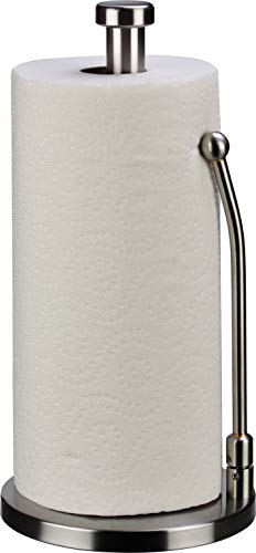 paper towel holder stainless steel - easy to tear paper towel dispenser - weighted base - adjustable spring arm to hold any type of paper towels - fits in kitchen or for bathroom paper towel holder