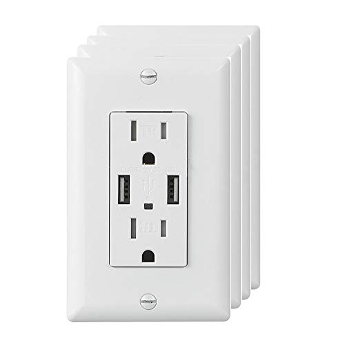 ECOELER 4.8A High Speed Dual USB Wall Outlet, 15A Tamper Resistant Wall Socket USB Outlet,Child Proof Safety,Wall Plate Included, UL Listed Pack of 4