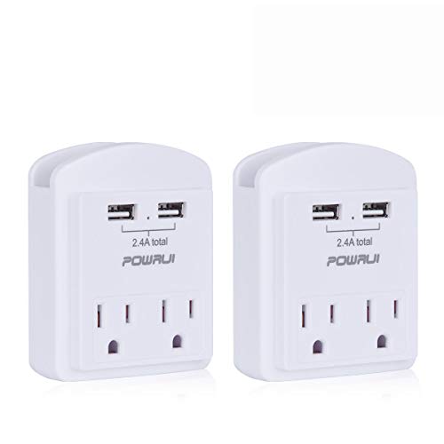 USB Wall Charger, Small Surge Protector, POWRUI USB Outlet with 2 USB Ports (2.4A Total) and Top Phone Holder for Apple, iPhone, iPad, Samsung, 1080Joules, White (2-Pack), ETL Certified