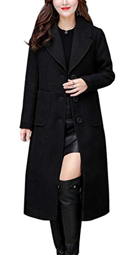 chouyatou Women's Big Notch Lapel Single Breasted Mid-Long Wool Blend Coat (Large, Black)
