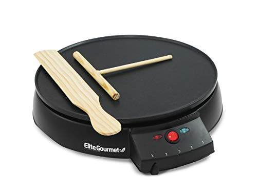 Elite Gourmet Electric Crepe Maker Pancake, Hot Cakes and Non-stick Griddle with Spreader, Spatula and Recipes, 12', Black