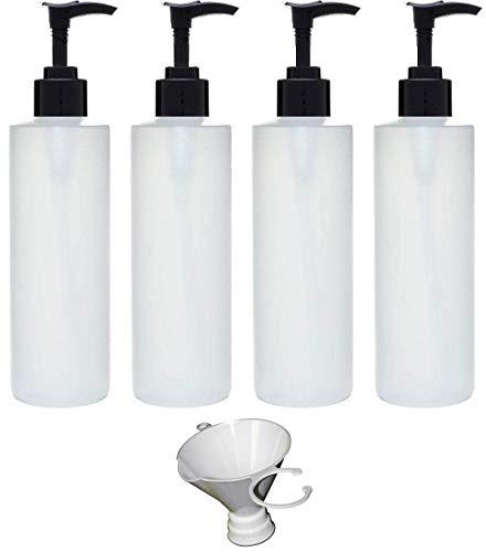 Earth's Essentials Four Pack of Refillable 8 Oz. HDPE Plastic Pump Bottles with Patented Screw On Funnel-Great for Dispensing Lotions, Shampoos and Massage Oils.