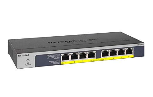 NETGEAR 8-Port Gigabit Ethernet Unmanaged PoE Switch (GS108PP) - with 8 x PoE+ @ 123W Upgradeable, Desktop/Rackmount, and ProSAFE Limited Lifetime Protection