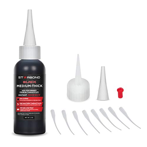 Starbond KBL-500 Black Medium Thick, Premium Rubber Toughened CA - Cyanoacrylate Adhesive Super Glue Plus Extra Cap and Microtips (for Woodworking, Filling Knots & Voids, RC Car Tires) (2 Ounce)