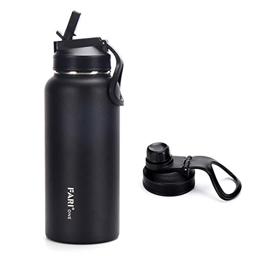 FARI Sports Water Bottle with Straw & Spout Lids – 22oz, 32oz,40oz, Double Wall Vacuum Insulated Stainless Steel with Wide Mouth to Keep Beverages Cold or Hot (32 Oz, Black)