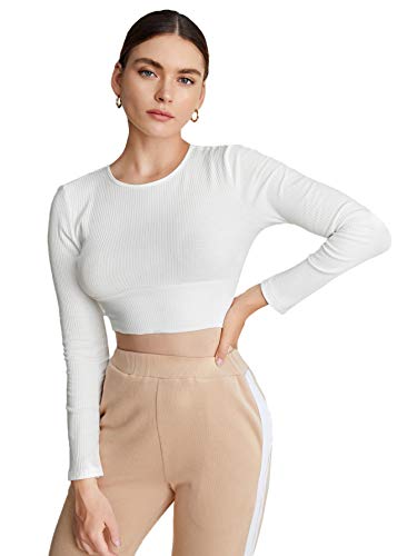SweatyRocks Women's Solid Plain Long Sleeve Ribbed Knit Pullover Crop Tee Tops Basic White M