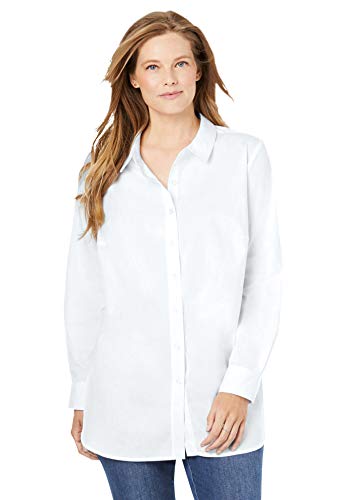 Woman Within Women's Plus Size Perfect Long-Sleeve Button Down Shirt - 3X, White