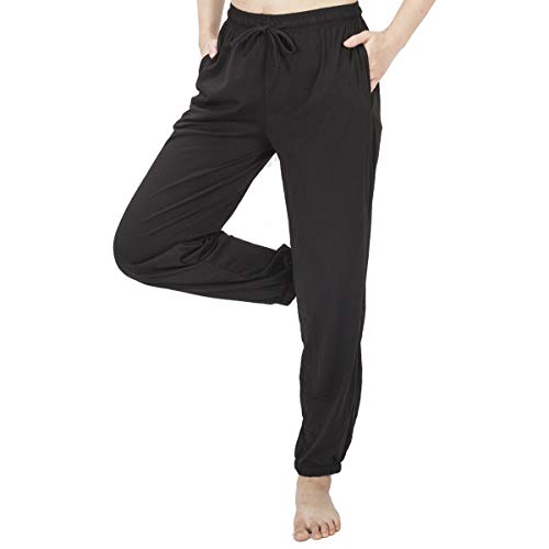 WEWINK CUKOO Women's Pajama Pants Cotton Lounge Pant with Pockets Sleep Bottoms Black