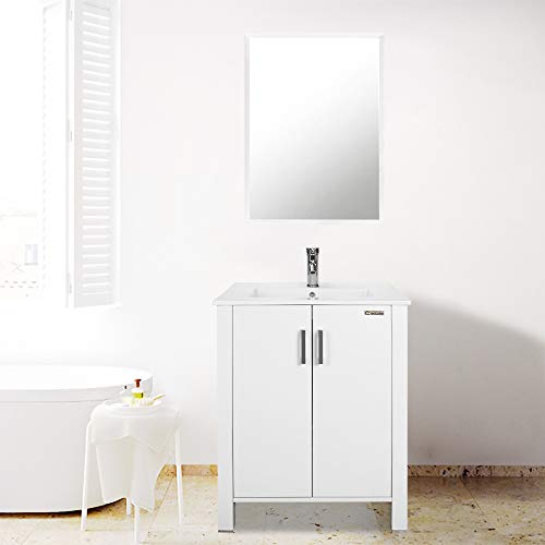 24-inch Bathroom Vanity Suite Sink Top Ceramic Combo with Overflow White Drop in Ceramic Sink Top & White MDF Modern Bathroom Cabinet & Chrome Solid Brass Faucet and Pop Up Drain with Mirror (White)