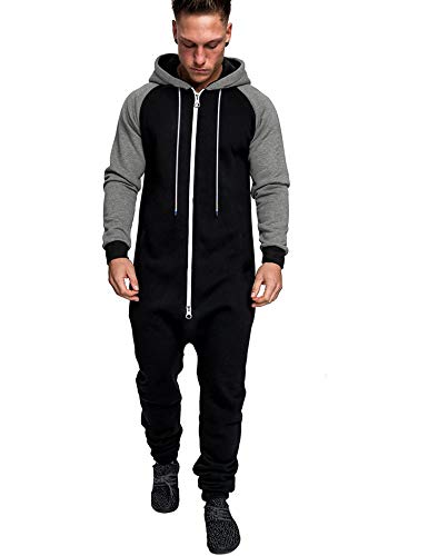 COOFANDY Mens One Piece Romper Contrast Zipper Jumpsuits Winter Casual Long Sleeve Overalls (Black/Grey XL)