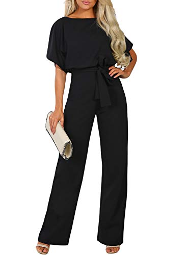 Asyoly Womens Jumpsuits and Rompers for Women Short Sleeve Crew Neck Casual Long Pants Loose Wide Legs Jumpsuits and Rompers Medium Black