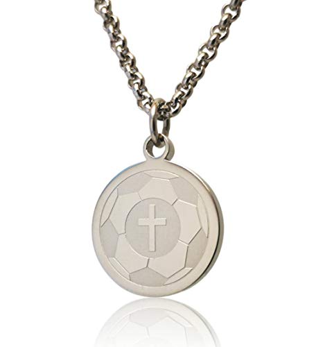 Pendant Sports Soccer Prayer Necklace Crafted in Stainless Steel with Luke 1:37 on The Back, and Nicely Presented in a Black Velvet Jewelry Box.
