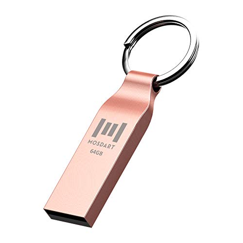 64GB Waterproof USB 2.0 Flash Drive Metal Thumb Drive with Keychain 64 GB Compact Jump Drive 64G Memory Stick for Storage and Backup by mosdart，Rose Gold