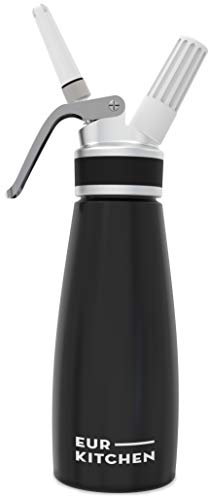 EurKitchen Professional Whipped Cream Dispenser w/Leak-Free Reinforced Aluminum Threads for Max Durability and Safety - 1-Pint Cream Whipper (Black) - Use Standard 8 Gram N2O Chargers (Not Included)