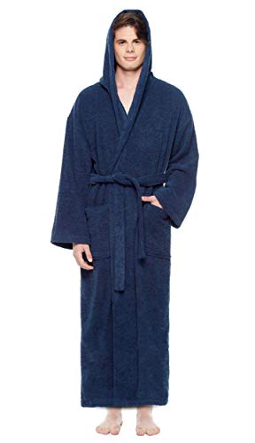 Arus Men's Hooded Classic Bathrobe Turkish Cotton Robe with Full Length Options (L-XL,N.Blue)