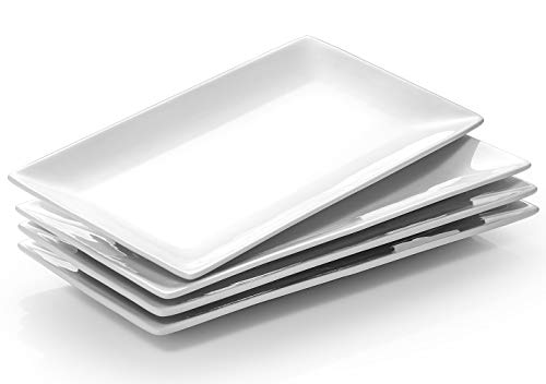 DOWAN Porcelain Rectangle Serving Plates - 9.7 Inches White Serving Platters, Restaurant Plates for Meat, Appetizers, Dessert, Sushi, Party, Set of 4