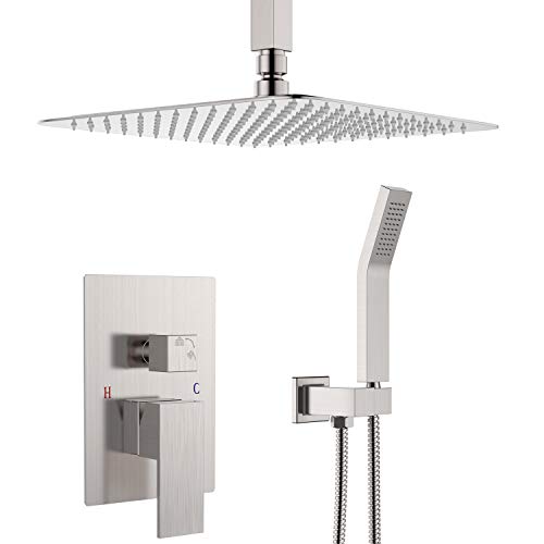 Ceiling Mounted Shower System-Brushed Nickel Shower Combo Set with 12 Inches Square Rain Shower Head, Handheld and Shower Faucet Rough-in Mixer Valve and Trim