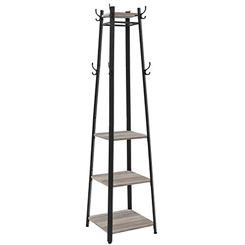 VASAGLE Coat Rack, Coat Stand with 3 Shelves, Hall Trees Free Standing with Hooks for Scarves, Bags and Umbrellas, Steel Frame, Industrial Style, Greige and Black ULCR080B02