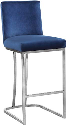 Meridian Furniture Heidi Collection Modern | Contemporary Velvet Upholstered Counter Stool with Polished Chrome Metal Legs, 16' W x 19.5' D x 36.5' H, Navy