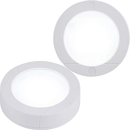 GE, Wireless, Battery Operated, 20 Lumens, Touch Activated On/Off, Bright White, Ideal for Closets, Cabinets, Attic, Garage and More, 25434, 2 Pack | LED Puck Lights, 2 Count