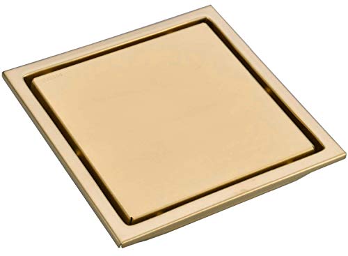 TRUSTMI 6 Inch Square Invisible Bathroom Shower Floor Drain with Removable Tile Insert Grate Cover, Brushed Gold, SUS 304 Stainless Steel