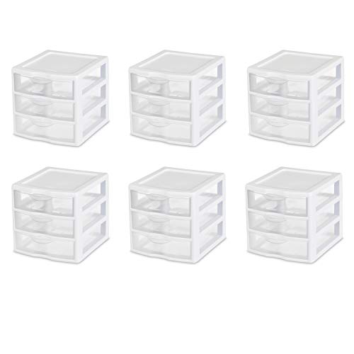 Sterilite 20738006 Small 3 Drawer Unit, White Frame with Clear Drawers, 6-Pack