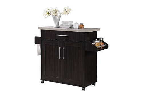 Hodedah Kitchen Island with Spice Rack, Towel Rack & Drawer, Chocolate with Grey Top