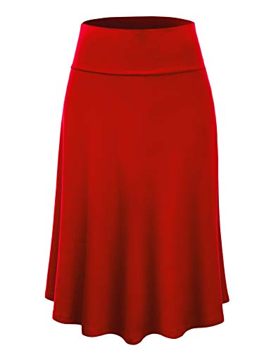 LL WB1105 Womens Lightweight Fold Over Flared Midi Skirt L RED