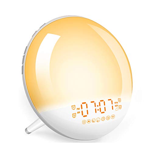 Sunrise Alarm Clock Wake-Up Light - Natural Light Alarm Clocks,with FM Radio,Sunrise/Sunset Simulation,Snooze,Sleep Aid,Nightlight,USB Charger,4 Alarms,7 Sounds.20 Brightness,for Kids,Heavy Sleepers