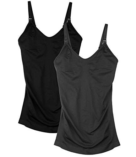 Womens Nursing Tank Tops for Breastfeeding with Built in Bra Maternity Camisole 2Pack Color Black Grey Size M
