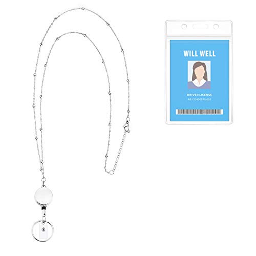 Retractable Badge Reel Lanyard with ID Holder for Women, Will Well Fashion Beaded Lanyard Stainless Steel Necklace with Water Resistant Name Badge Holder