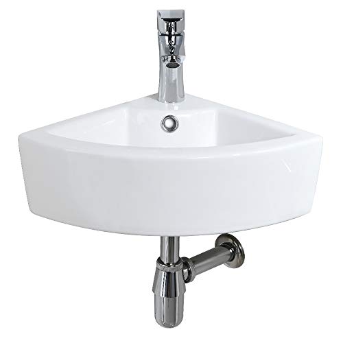 Bokaiya Small Corner Wall Mount Bathroom Sink Combo with Overflow Triangle White Porcelain Ceramic Above Counter Mini Vanity Vessel Bowl Set, Faucet and Pop-up Drain Combo