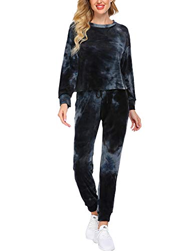 Hotouch Women Track Suits 2 Piece Outfits Tie Dye Warm Up Suits Velour Sweatsuit Sets Workout Outfits Black S