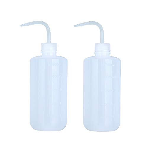 2 PCS 500ML 17.6OZ Plastic White Translucent Squeeze Wash Bottles with Graduated Measuring Container Bent Curved Tip Nozzle Condiment Sauce Storage Dispenser Gardening Lab Supplies