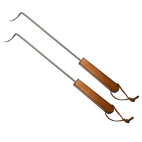 PEPKICN 18 Inches Food Flipper - Stainless Steel BBQ Meat Turner Hook with Wooden Handle (2 Pack Right-Handed)