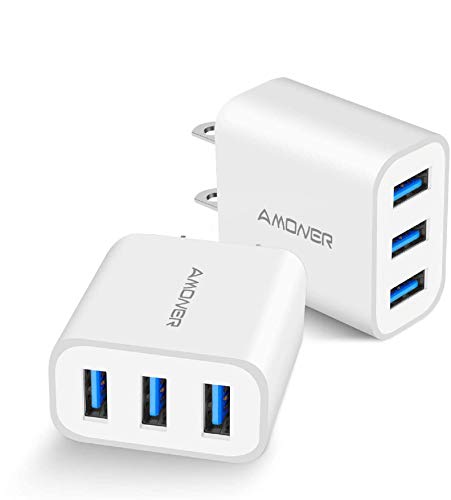 Wall Charger, Amoner Upgraded 2Pack 15W 3-Port USB Plug Cube Portable Wall Charger Plug for iPhone Xs/XS Max/XR/X/8/7/6/Plus, iPad Pro/Air 2/Mini 2, Galaxy9/8/7, Note9/8, LG, Nexus and More