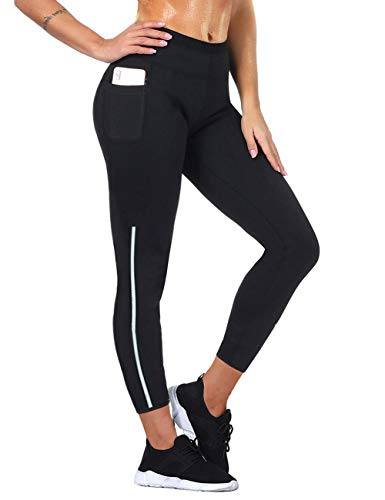 Women Neoprene Sauna Sweat Pants High Waist Workout Leggings Tummy Control Fitness Tights with Side Pocket Black