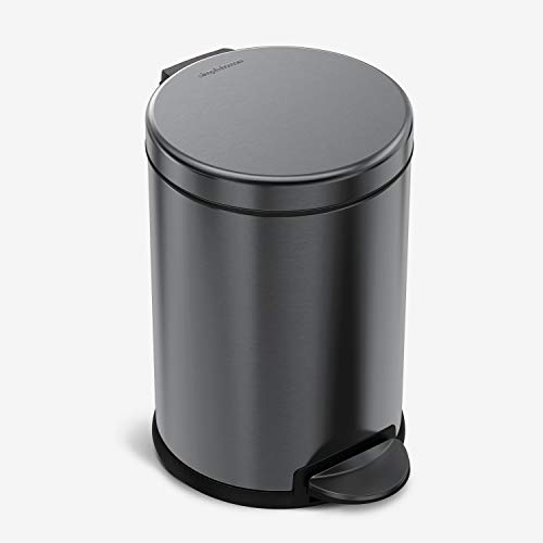simplehuman, Black 4.5 Liter / 1.2 Gallon Round Bathroom Step Trash Can, Stainless Steel