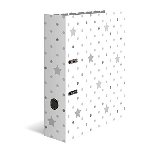 HERMA Lever Arch File Stars with White with Grey Stars Motif, A4, 70 mm Spine, with Inner Print, 1 Folder