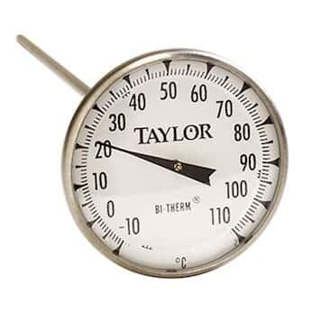 Taylor 6235J 2' Dial Bi-Metal Test Thermometer, 8' Stem, 10C/110C, 1% Accy