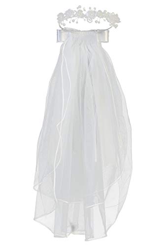 Swea Pea & Lilli Girls First Communion Veil - White Holy 1st Communion Headpiece with Satin Organza Centered Flowers and Comb