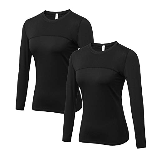 WANAYOU Women's Compression Tops Performance Athletic Long Sleeve Shirt Moisture Wicking Workout T-Shirt Tops (S(US4-6), 2 Pack Black)