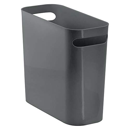 mDesign Slim Plastic Rectangular Small Trash Can Wastebasket, Garbage Container Bin with Handles for Bathroom, Kitchen, Home Office, Dorm, Kids Room - 10' High, Shatter-Resistant - Charcoal Gray