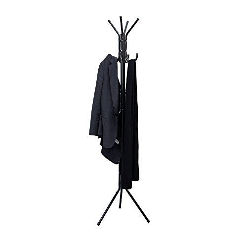 Mind Reader COATRACK11 Standing Metal Coat Rack Hat Hanger 11 Hook for Jacket, Purse, Scarf Rack, Umbrella Tree Stand, Black