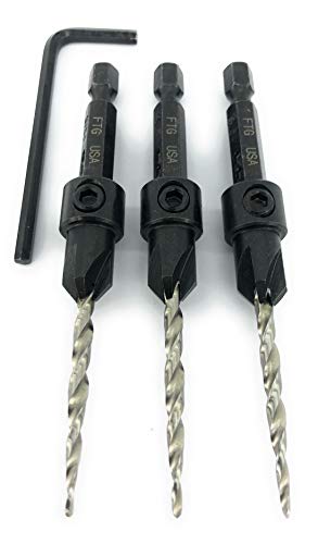 FTG USA Improved 3 Pcs Same Size #6 (9/64') Adjustable Wood Countersink Set with Tapered Drill Bits