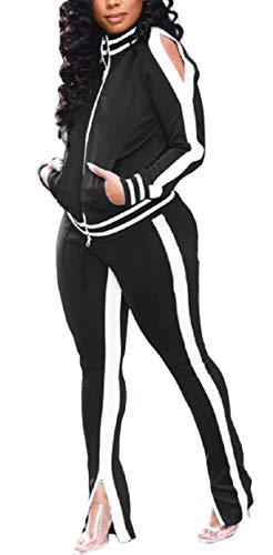 Women Bodycon Sports Jumpsuits Sexy Solid Stripes Zipper Long Sleeves Active Top Skinny Long Pants Bottom Sets Sweatsuits 2 Piece Outfits
