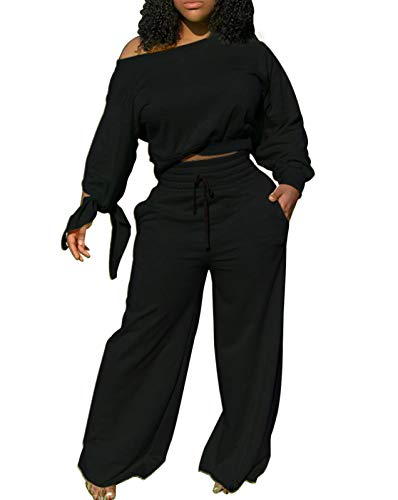 Womens 2 Piece Outfits Set Solid Color Long Sleeve Tie Knot Sweatshirt Wide Leg Pants Tracksuit Set Sportwear Black 2XL